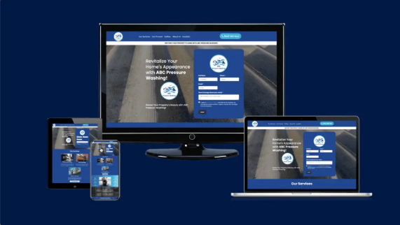 Contractor website shown on desktop, laptop, tablet, and phone
